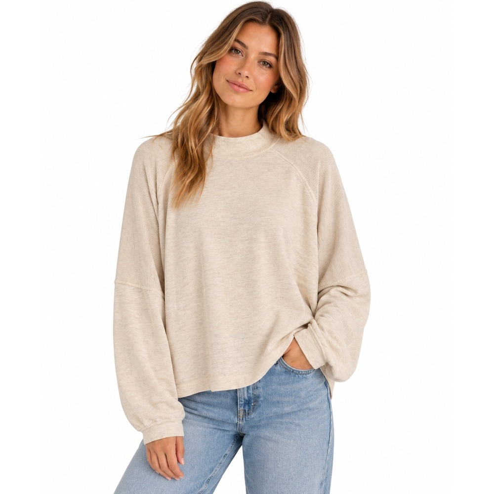 Aerie Women's XL Oatmeal Cotton Oversized Mock Neck Long Sleeve Top